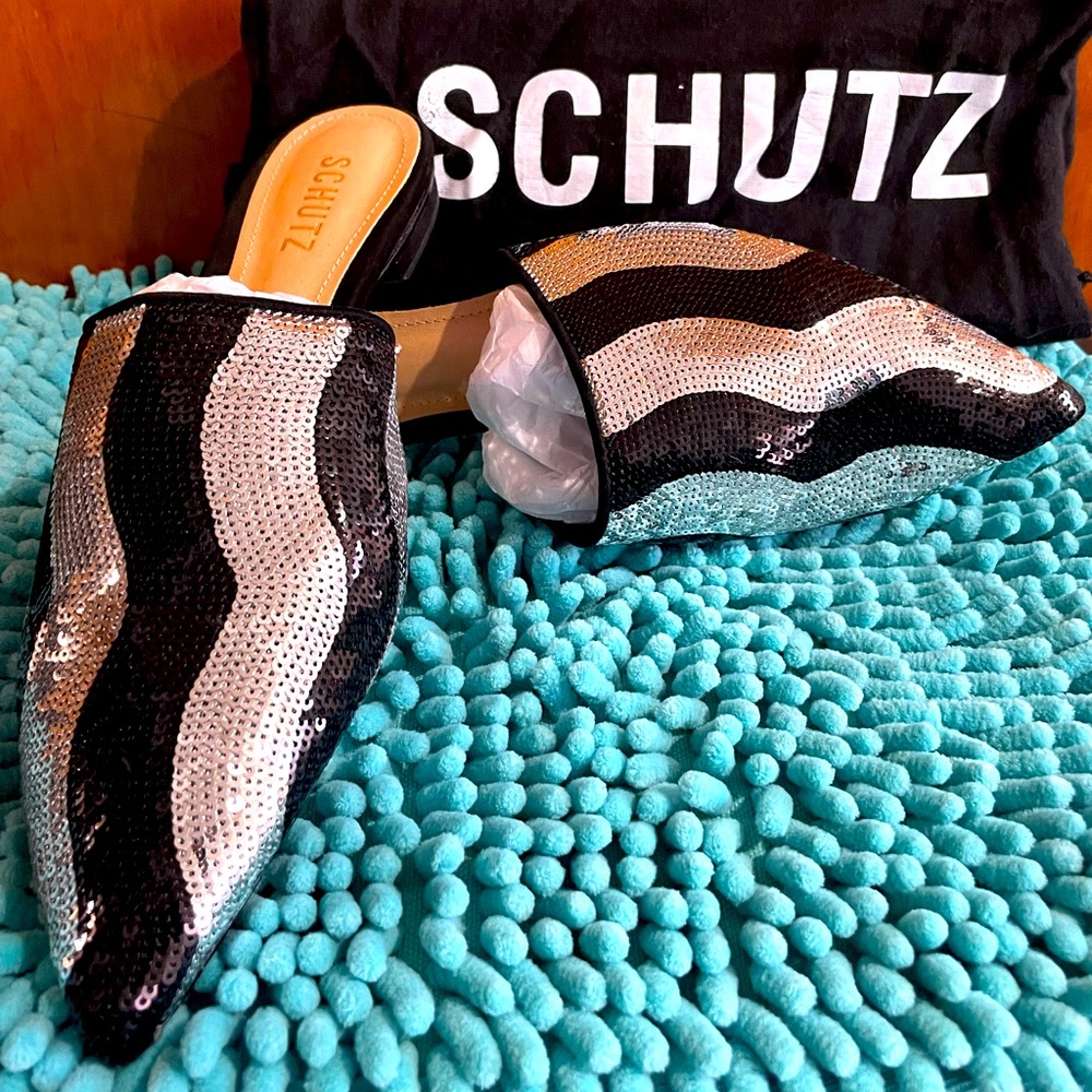 Schutz Flats for Women, Size 8B, black & silver.